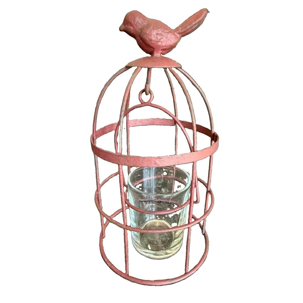 Rustic Metal Wire Bird Cage Candle Holder Red Lantern French Country Decor
